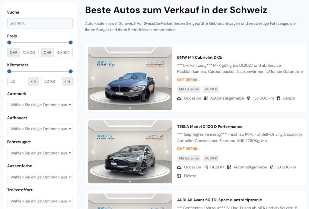 Auto kaufen in der Schweiz – Fahrzeugangebote bei SwissCarMarket mit geprüften Gebrauchtwagen